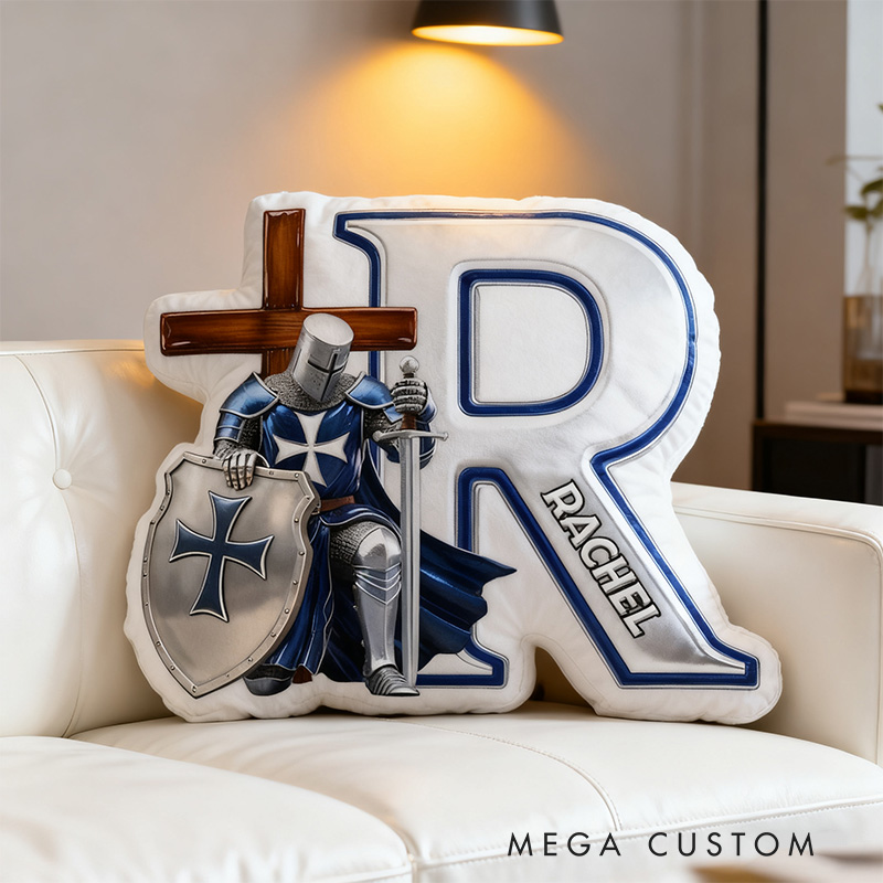 Personalized Knight of God Letter Pillow with Custom Name Home Decor Shield and Cross Graphic 3D Print Pillow Religious Christian Faith Gift