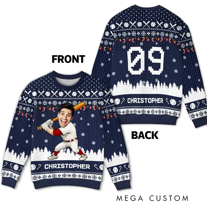 Personalized Baseball Christmas Ugly Sweatshirt with Custom Face and Name