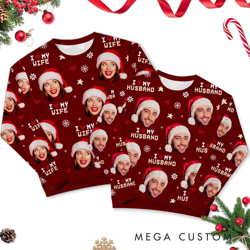 Personalized I Love My Wife Husband All-Over Ugly Sweater Couple Christmas Sweater Husband Wife Couple Edition Ugly Sweater Xmas Gift Sweater with Photo