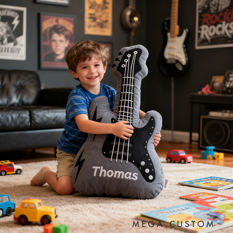 Personalized Graphic 3D Print Electric Guitar Pillow With Your Own Name Soft Stuffed Toy for Rock Music Lovers Unique Decorative Cushion for Boys' Room and Music Room
