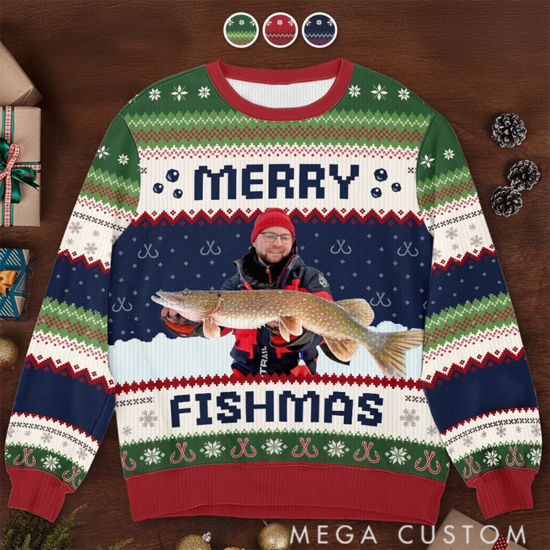 Personalized Merry Fishmas Sweater Fishing Themed Ugly Christmas Sweater Fishing Christmas Sweater Funny Holiday Gift for Fishing Lovers