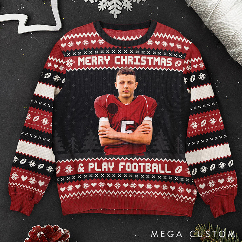 Personalized American Football Ugly Sweatershirt with Custom Photo and Festive Design