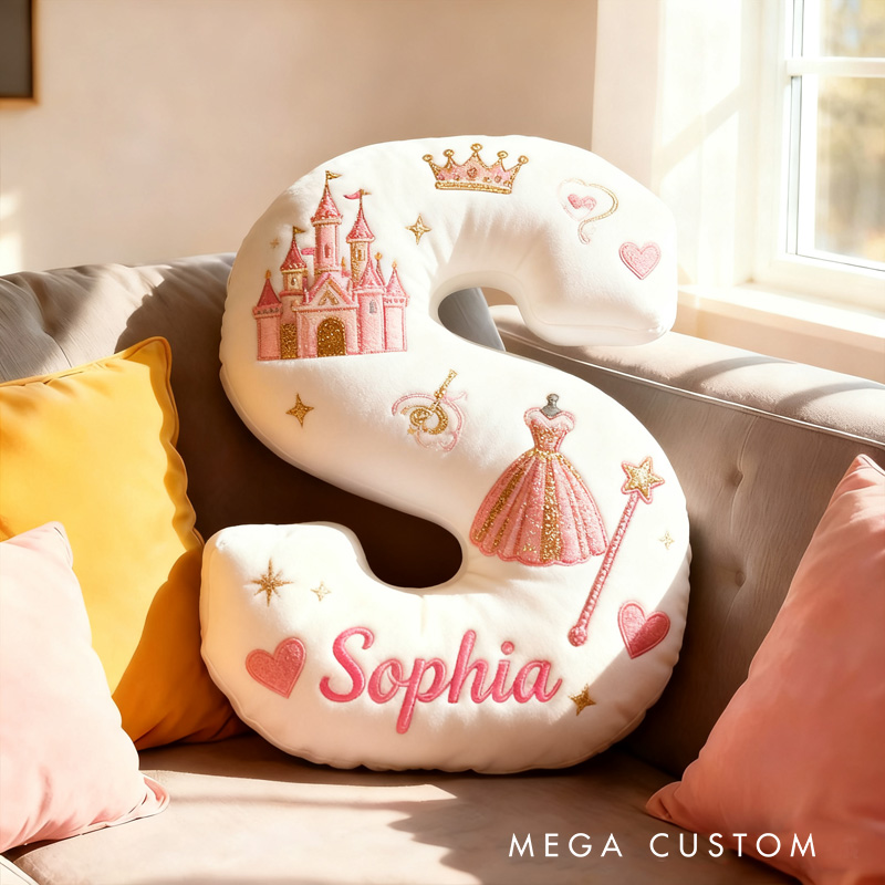 Personalized Princess Letter Name Custom Kids Gift Pink Castle Crown Dress Magic Fairytale Soft Decorative Graphic 3D Print Pillow