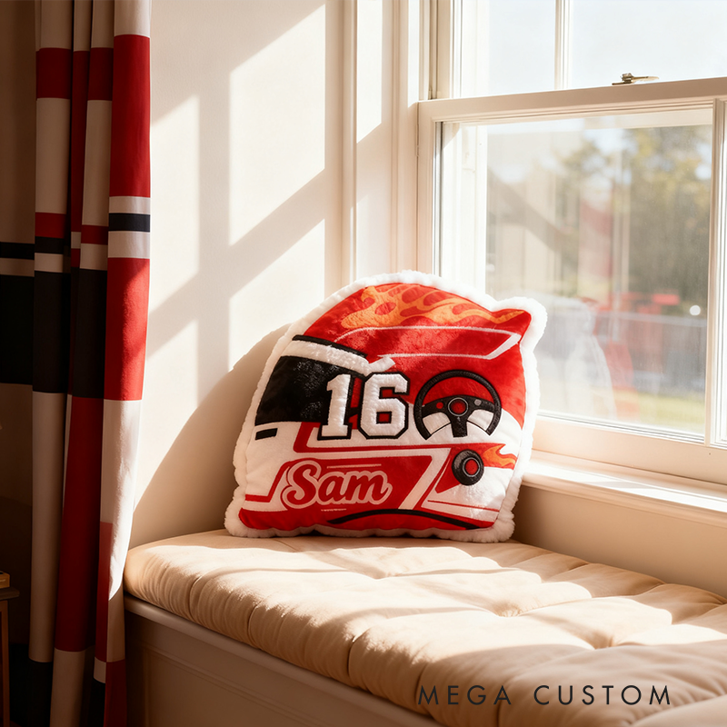 Personalized Racing Helmet Shaped Pillow Graphic 3D Print Custom Name Race Car Design Cushion Gift for Motorsports and Racing Lovers