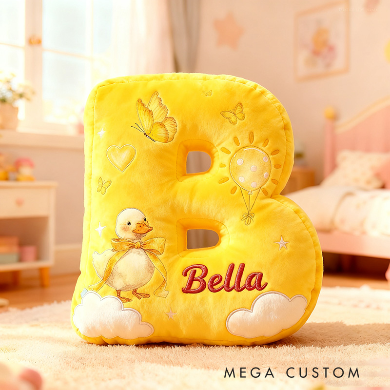 Personalized Yellow Duck Sun Cloud Letter Initial Custom Name Soft Decorative Gift Cheerful Kids Room Bright Alphabet Graphic 3D Print Pillow