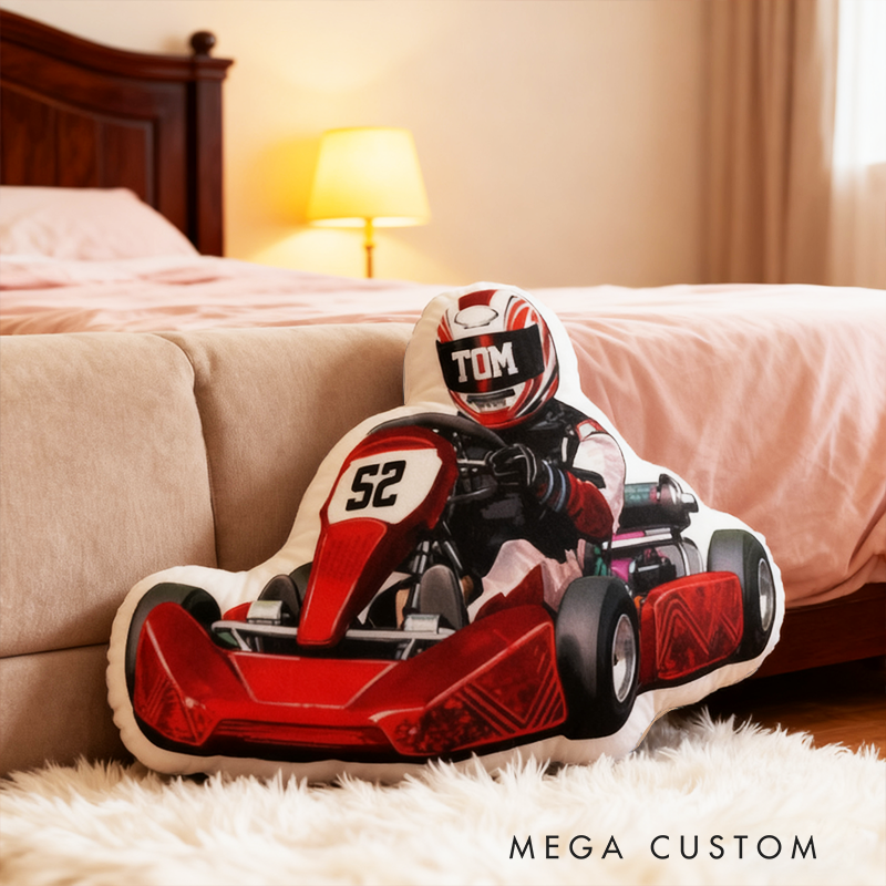 Personalized Racer Shaped Throw Pillow Custom Name and Number Decorative Cushion Gift for Car Lovers and Racers