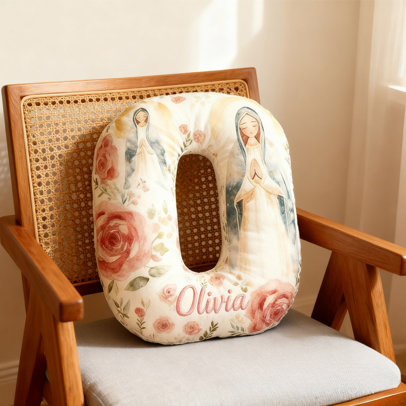 Personalized Virgin Mary Letter Pillow with Custom Name Home Decor Christian Thanksgiving Pillow Retro Fall Faith Gift for Family