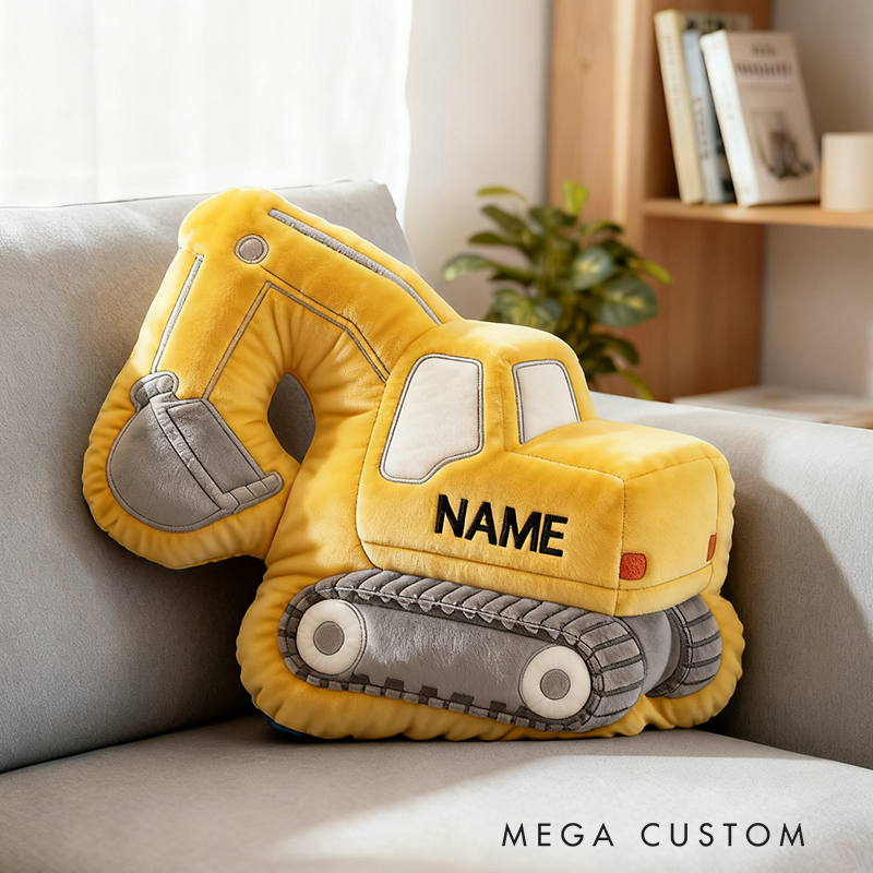 Personalized 3D Construction Excavator Plush Pillow With Your Own Name Soft Stuffed Toy for Kids Unique Decorative Cushion for Boys’ Room and Playroom