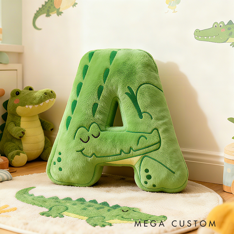 Personalized Green Crocodile Letter Initial Custom Name Soft Decorative Gift Fun Boys Room Jungle Animal Alphabet Graphic 3D Print Pillow