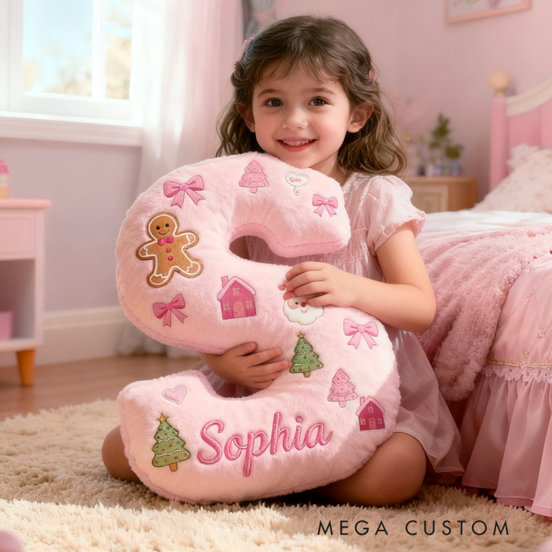 Personalized Cartoon Pink Christmas Initials with Name Graphic 3D Print Pillow Christmas Gift for Kids