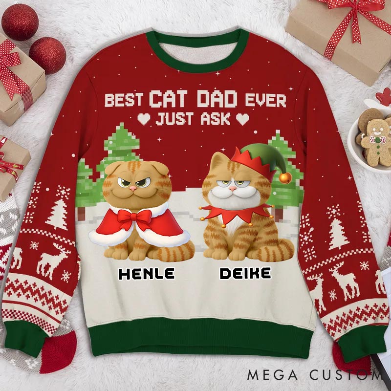 Personalized Cat Lover Best Chunky Cat Dad Christmas Ugly Sweater