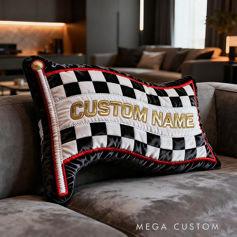 Personalized Racing Checkered Flag Pillow Custom Name 3D Graphic Print Cushion Gift for Racers and Racing Lovers