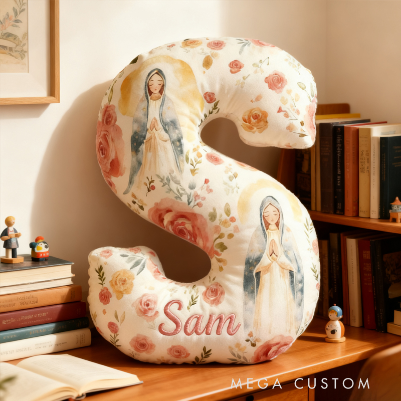 Personalized Virgin Mary Letter Pillow with Custom Name Home Decor Christian Thanksgiving Pillow Retro Fall Faith Gift for Family