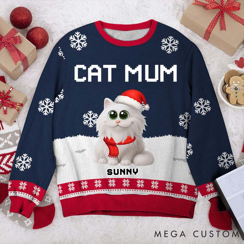 Personalized Cat Lover Cat Mom Winter Christmas Ugly Sweater