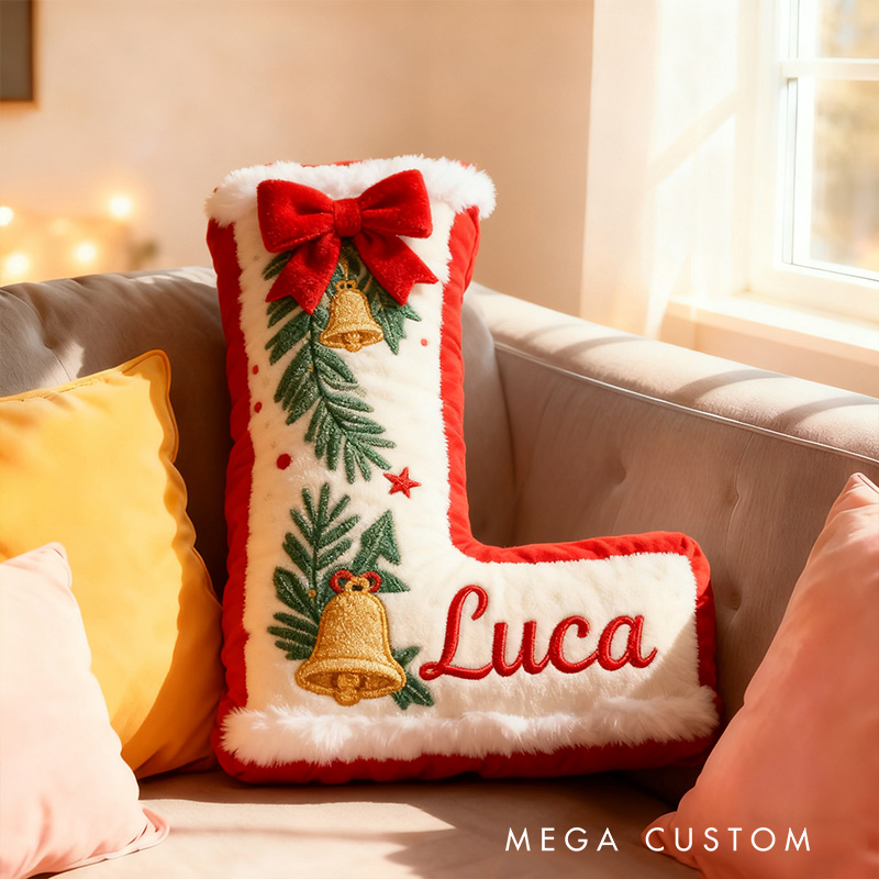 Personalized Christmas Letter Name Custom Kids Gift Festive Red Bow Holiday Cozy Decorative Graphic 3D Print Pillows