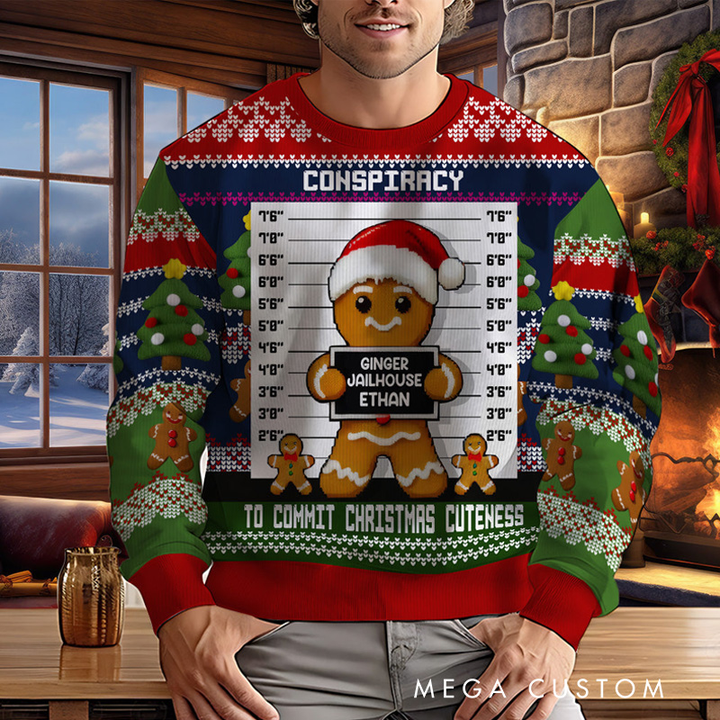 Personalized GInger Jailhouse Ugly Sweater with Text Family Ugly Christmas Sweater for Kids Dad Mom Adult with Name