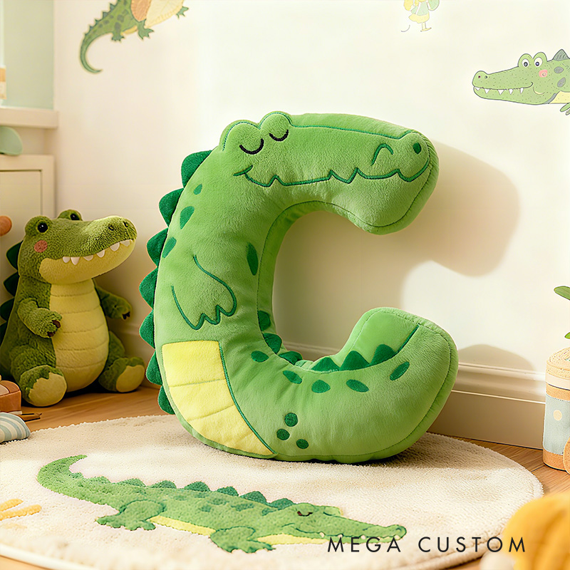 Personalized Green Crocodile Letter Initial Custom Name Soft Decorative Gift Fun Boys Room Jungle Animal Alphabet Graphic 3D Print Pillow