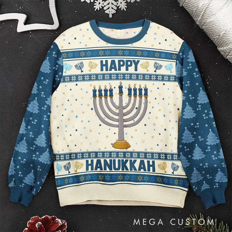 Personalized Happy Hannukah Ugly Sweater Menorah Dreidel Star of David Ugly Sweater Religious Gift Happy Hannukah Gift