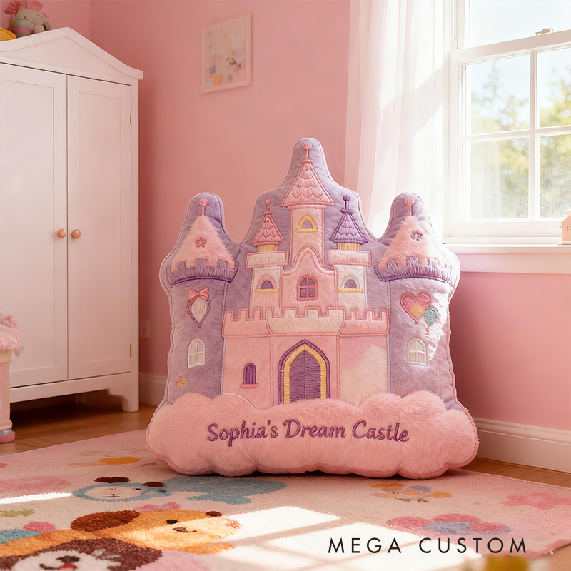 Personalized Pink Purple Castle Shape Custom Name Soft Decorative Gift Fairytale Princess Style Cozy Nursery Room Dream Magic Graphic 3D Print Pillow