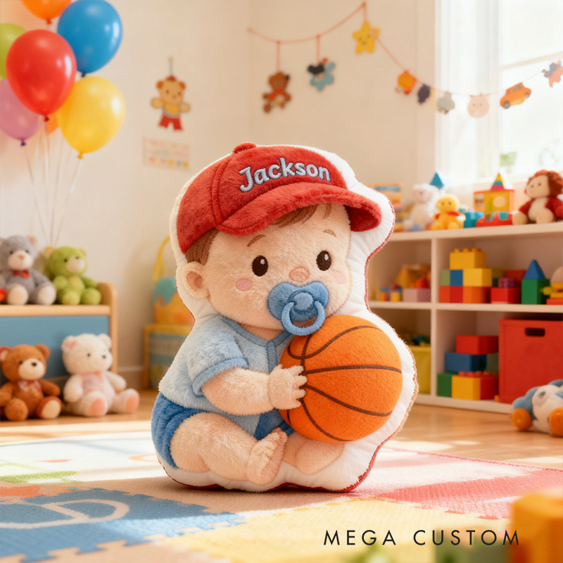 Personalized Baby Boy Name Custom Kids Gift Cute Red Hat Balls Blue Outfit Soft Playful Decorative Graphic 3D Print Pillow