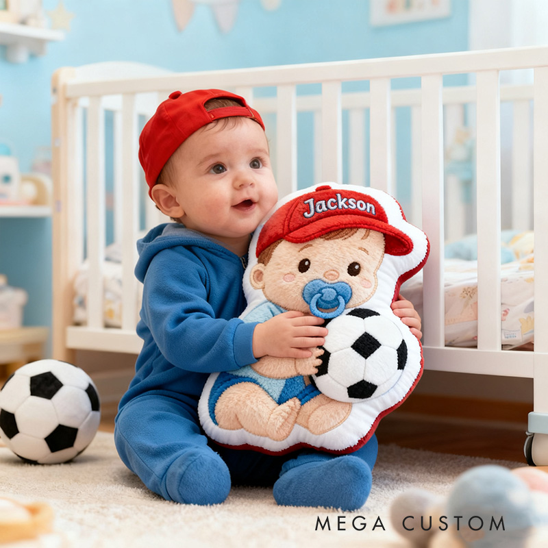 Personalized Baby Boy Name Custom Kids Gift Cute Red Hat Balls Blue Outfit Soft Playful Decorative Graphic 3D Print Pillow