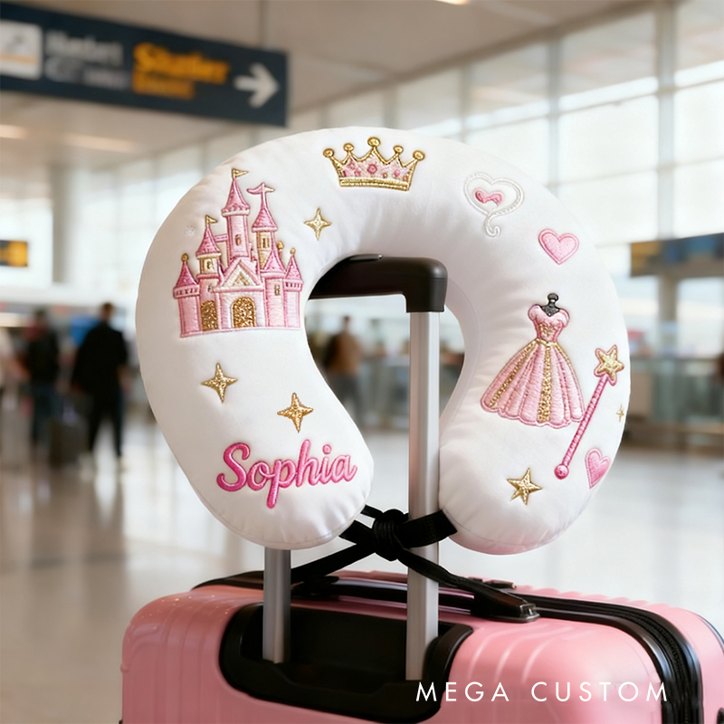 Personalized Princess Castle Crown Custom Name Soft Decorative Gift Fairytale Style Cozy Nursery Room Dream Pink Magic Comfort U-Shaped Pillow