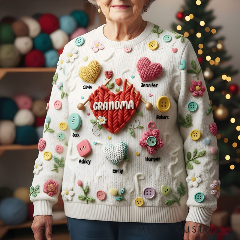 Personalizeds Ugly Sweater Grandma Knitting With Heart Sweater Gifts For Grandma & Mom