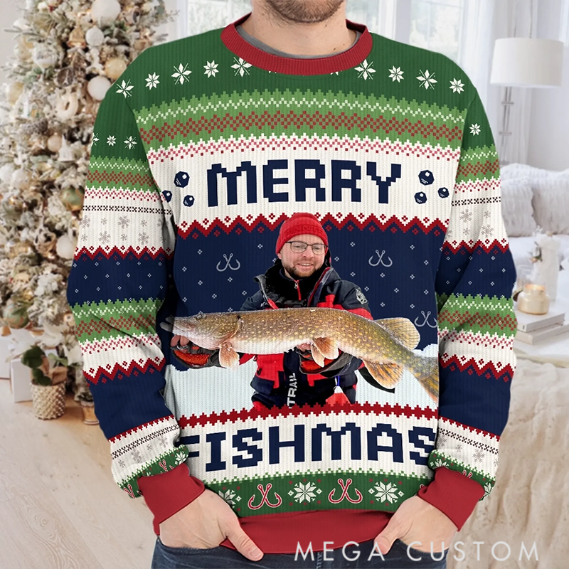 Personalized Merry Fishmas Sweater Fishing Themed Ugly Christmas Sweater Fishing Christmas Sweater Funny Holiday Gift for Fishing Lovers