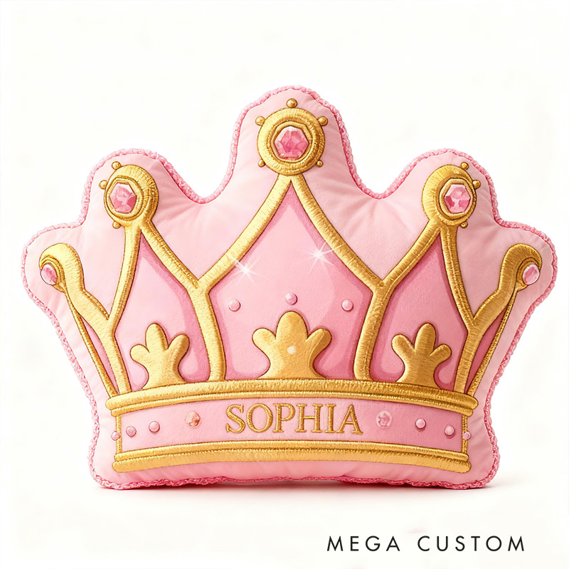 Personalized Pink Crown Shape Custom Name Soft Decorative Gift Royal Princess Style Cozy Girls Room Fairytale Castle Graphic 3D Print Pillow