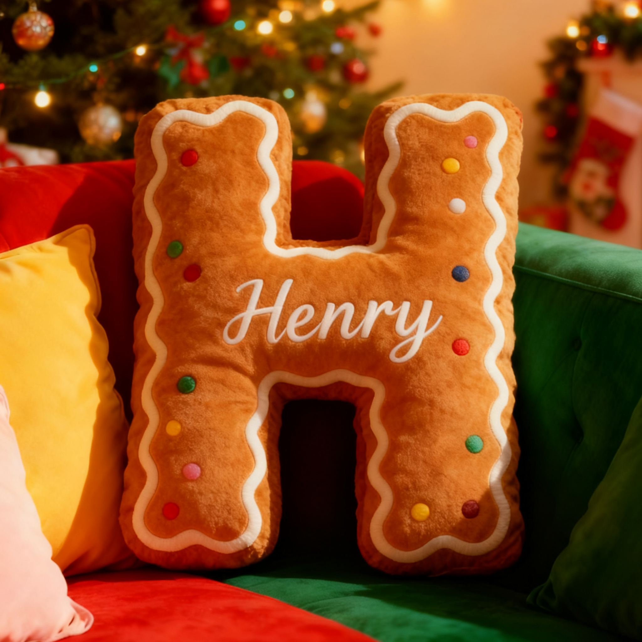 Personalized Gingerbread Alphabet Throw Pillow Graphic 3D Print Baking Cookie Letter Pillow with Name for Kids Christmas Baker Birthday Gift