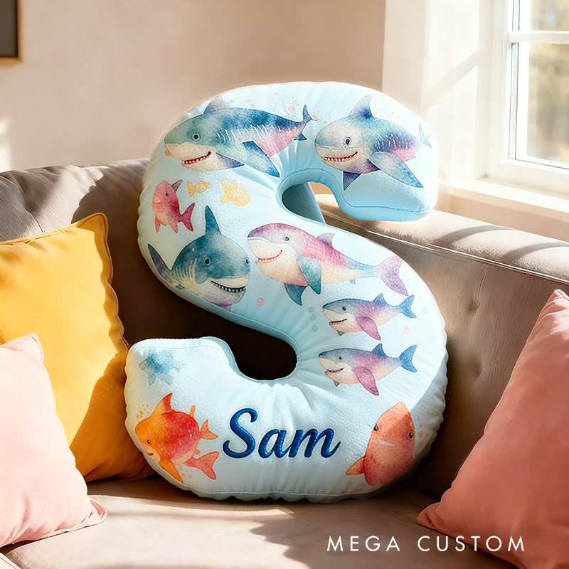 Personalized Shark Letter Initial Custom Name Soft Decorative Gift Fun Kids Room Sea Life Alphabet Shape  Graphic 3D Print Pillow