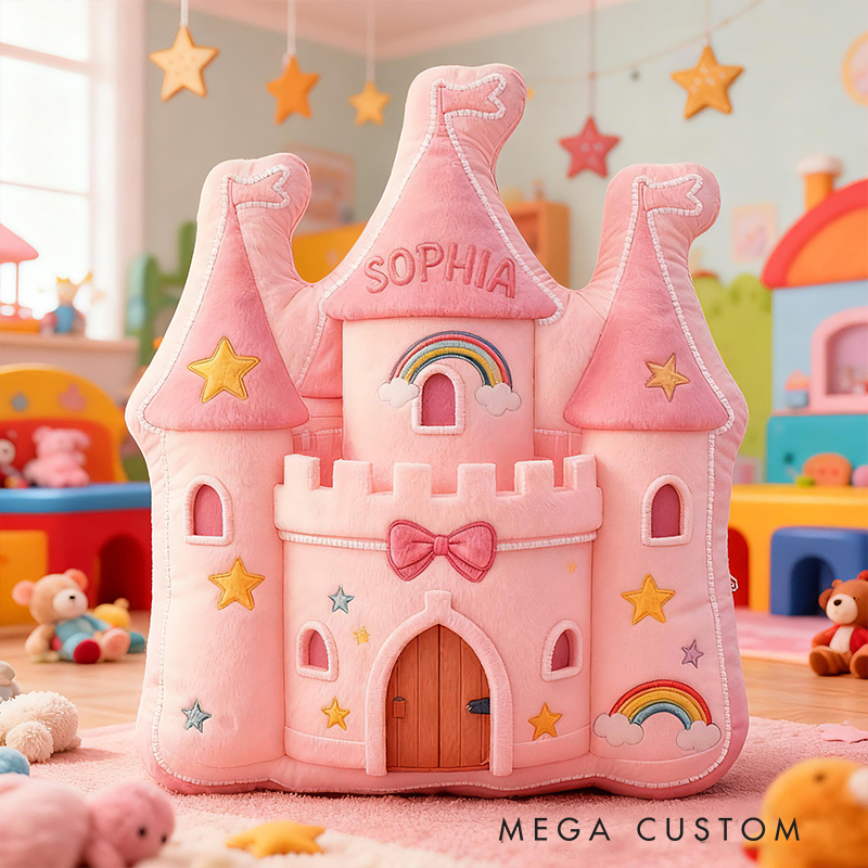 Personalized Pink Rainbow Castle Shape Custom Name Soft Decorative Gift Fairytale Princess Style Cozy Playroom Dream Star Graphic 3D Print Pillow