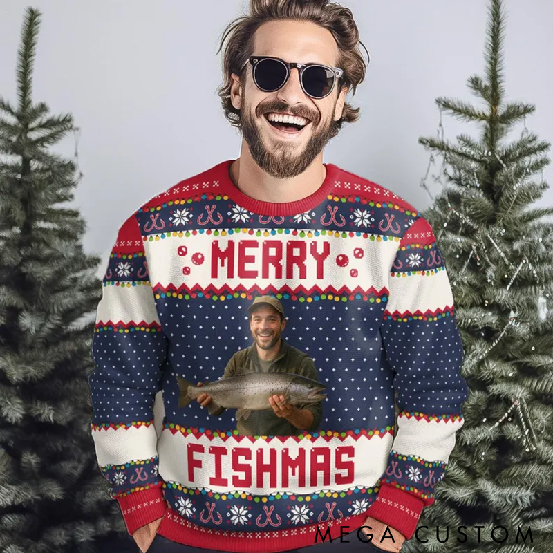 Personalized Merry Fishmas Sweater Ugly Christmas Sweater Custom Your Photo Fun Christmas Gift for Fishing Lovers Holiday Party