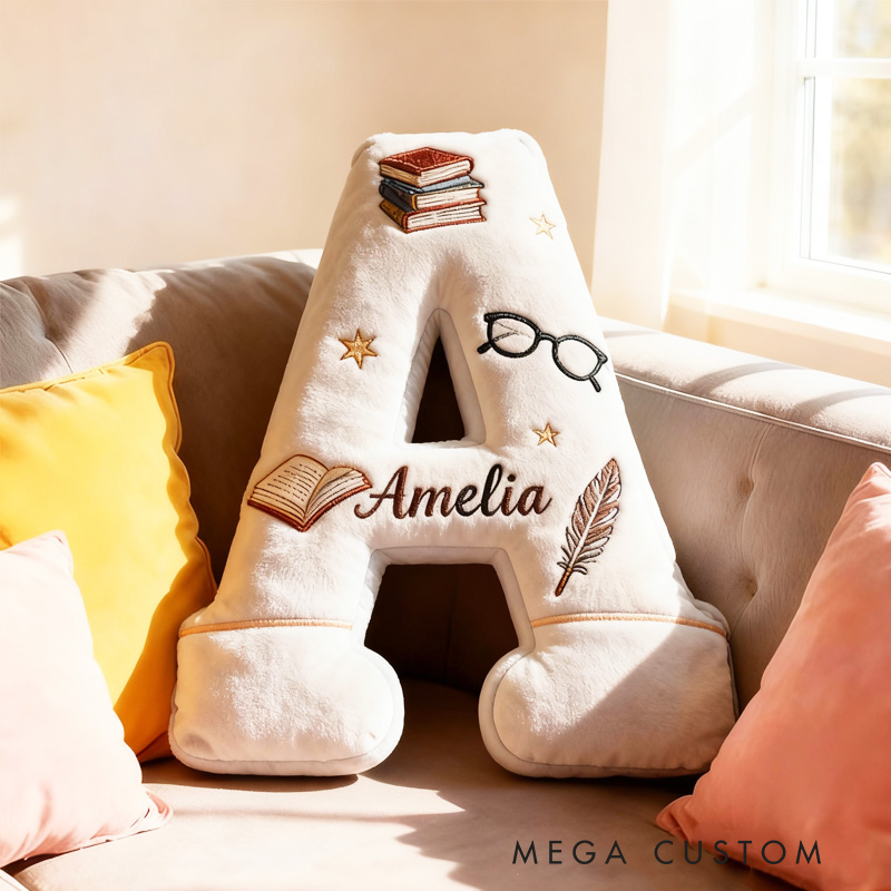 Personalized Book Alphabet Throw Pillow Graphic 3D Print Bookish Book and Glasses Pillow with Name for Kids Book Lover Gifts Birthday Gift