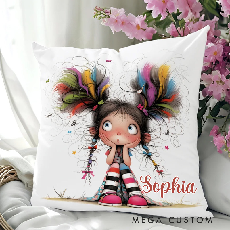 Personalized Cute Cartoon Quirky Girl Throw Pillow with Name Home Decor Birthday Gift for Girls