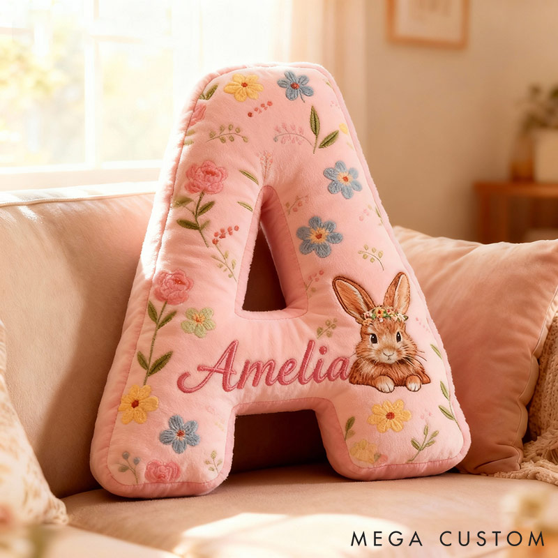 Personalized GirlFriend Flower Floral Rabbit Pink Pillow Custom Name Cushion Valentine's Gift for GirlFriend Christmas Gift for Her for Flower Girl