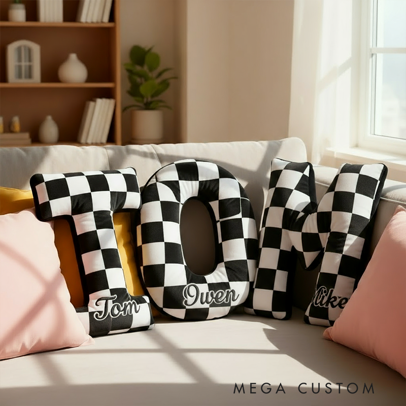 Personalized Racing Letter Throw Pillow Graphic 3D Print Custom Name Checkered Flag Cushion Gift for Racers and Racing Lovers