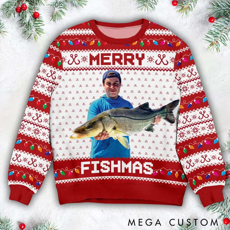 Personalized Fishing Ugly Sweater Custom Photo Ugly Sweater Merry Fishmas Ugly Sweater Perfect Holiday Gift for Fishing Enthusiasts