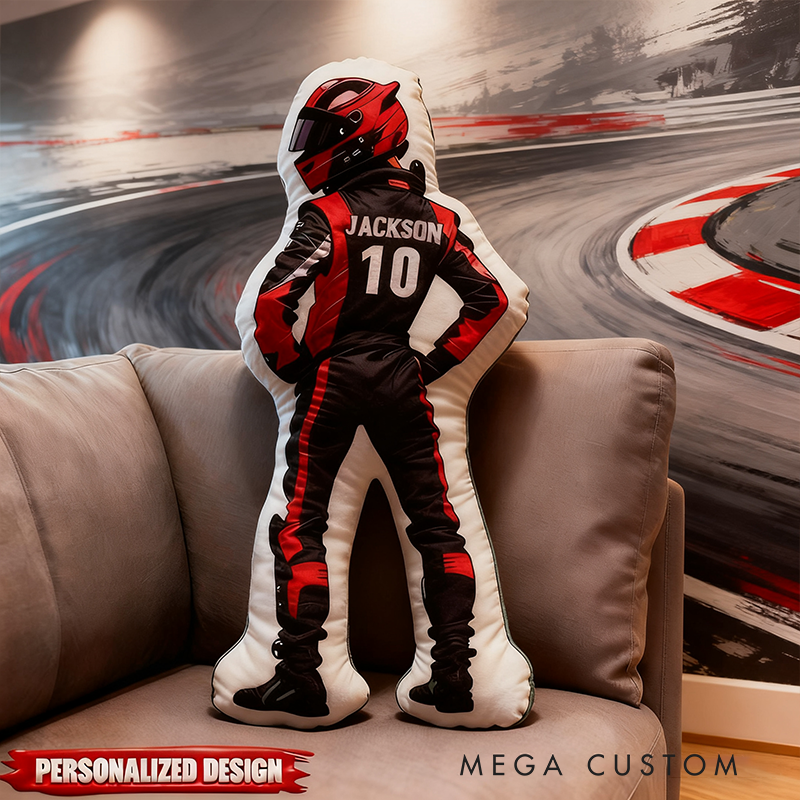 Personalized Racing Driver Shaped Pillow Custom Name and Number Race Suit Cushion Gift for Racing and Motorsport Lovers