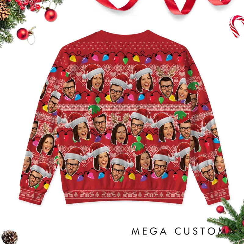 Personalized Couple Photo Christmas Ugly Sweater Custom Couple Face Xmas Light Matching Crewneck Sweatshirt Christmas Gift for Husband Wife