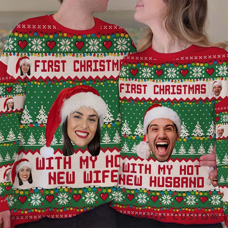 Personalized Couple Ugly Sweater First Christmas with My Hot New Wife Husband Couple Edition Christmas Sweater for Husband Wife