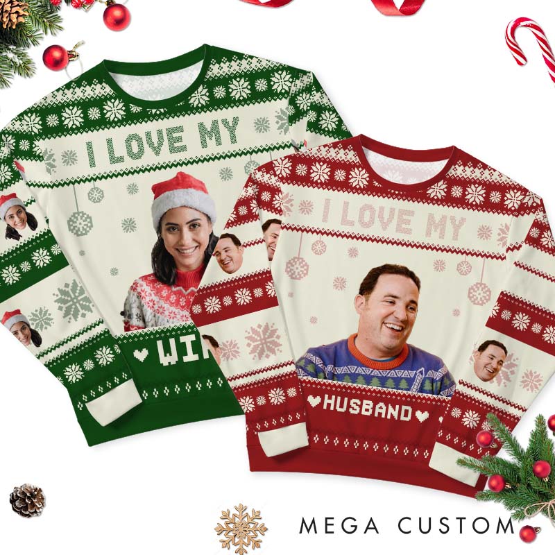 Personalized I Love My Wife Husband Ugly Sweater Couple Christmas Cloth Husband Wife Couple Edition Ugly Sweater Xmas Gift Sweater with Photo