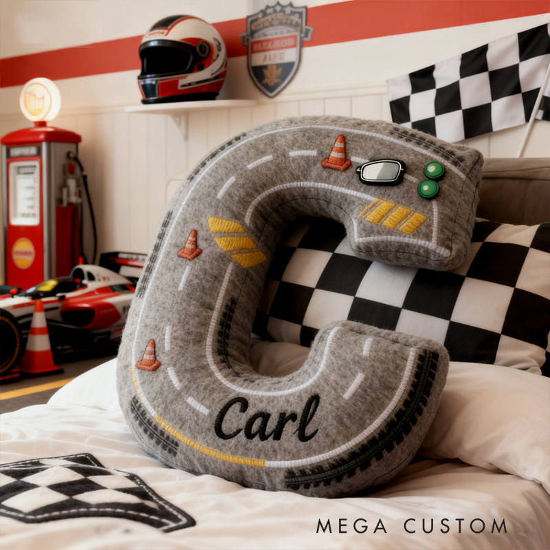 Personalized Racing Style Letter Pillow Custom Initial and Name Road Track Shaped Cushion for Car Lovers and Motorsport Fans