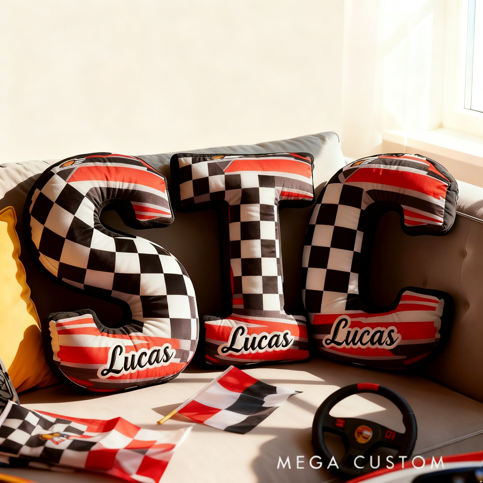 Personalized Racing Letter Pillow Graphic 3D Print Custom Name and Initial Checkered Flag Cushion Gift for Racers and Racing Lovers