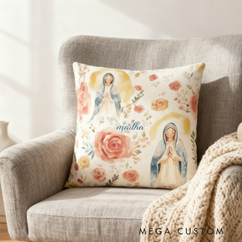 Personalized Vergin Mary Pillow Throw Pillow Cover with Name Home Decor Christian Gift for Family Gift for Jesus Lover
