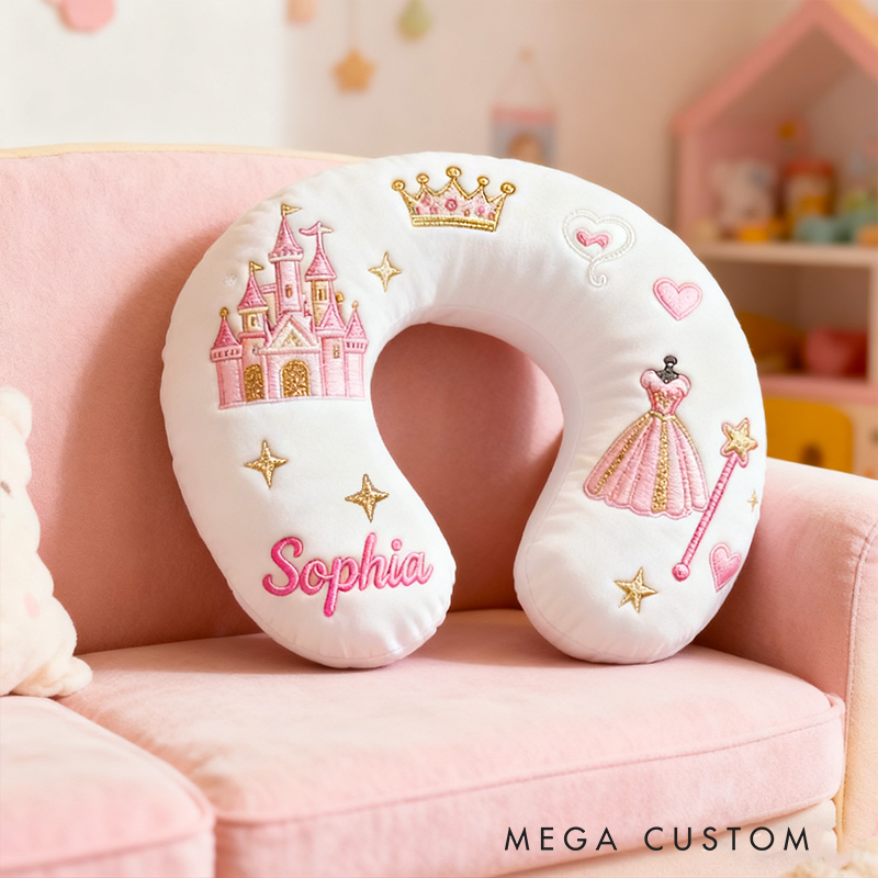 Personalized Princess Castle Crown Custom Name Soft Decorative Gift Fairytale Style Cozy Nursery Room Dream Pink Magic Comfort U-Shaped Pillow