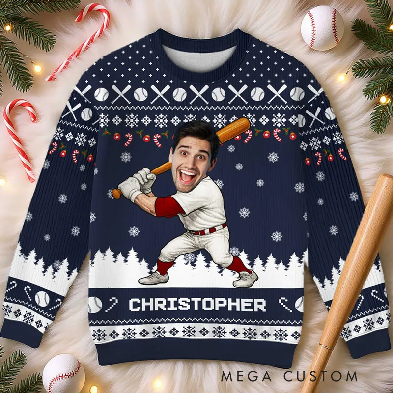 Personalized Baseball Christmas Ugly Sweatshirt with Custom Face and Name