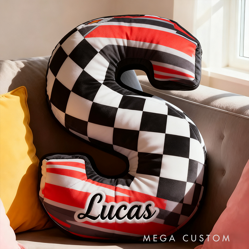 Personalized Racing Letter Pillow Graphic 3D Print Custom Name and Initial Checkered Flag Cushion Gift for Racers and Racing Lovers