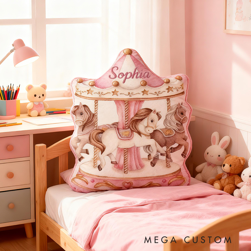 Personalized Carousel Horse Shape Custom Name Soft Decorative Gift Fairytale Princess Style Cozy Nursery Room Gentle Pink Graphic 3D Print Pillow