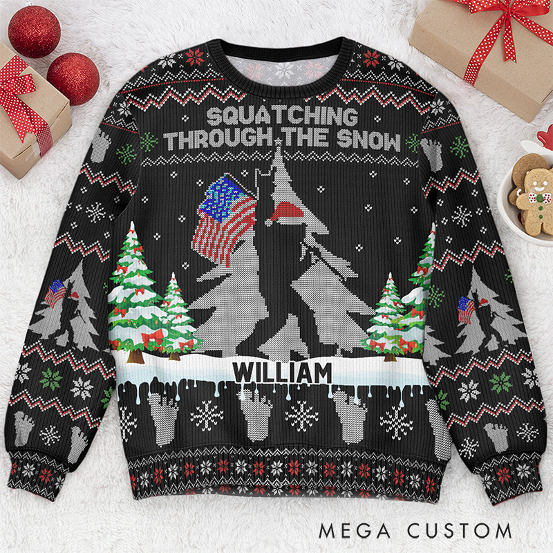 Personalized Squatching Through the Snow American Bigfoot Ugly Sweater Christmas Gift for Outdoor Enthusiasts